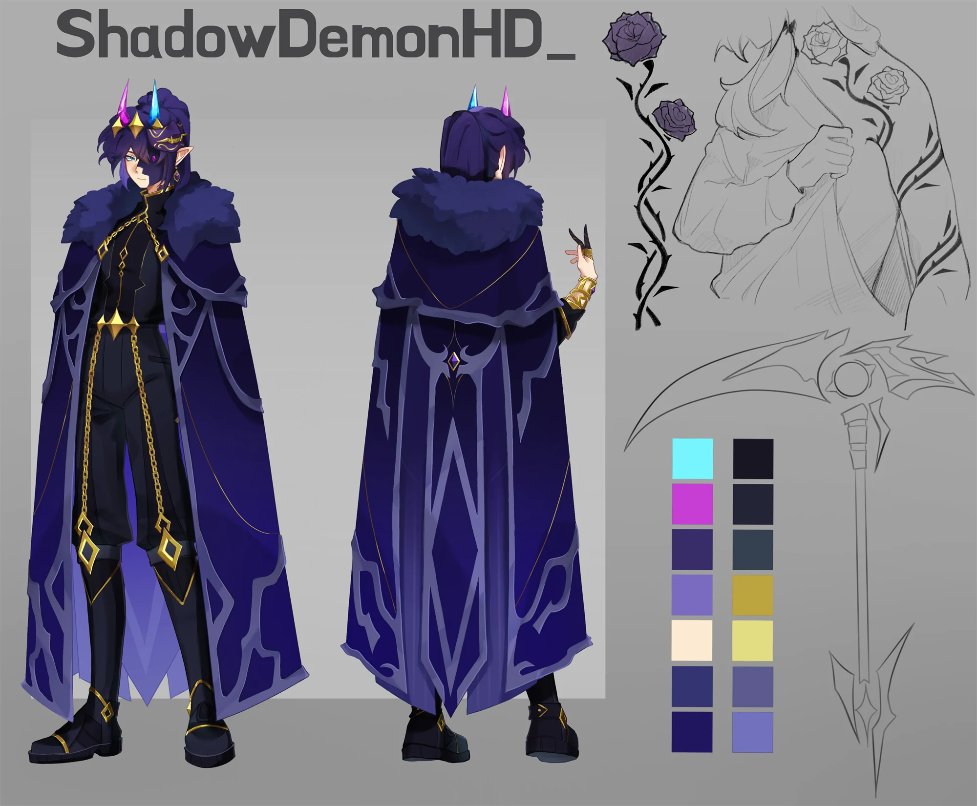 Лист референсов ShadowDemonHD: вид спереди и сзади, палитра, коса, розы