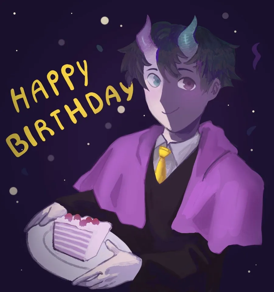 Персонаж в фиолетовой накидке с куском торта и надписью Happy Birthday