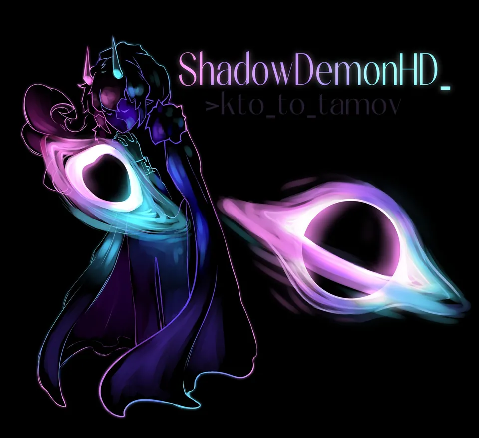 Неоновый силуэт персонажа с чёрной дырой и подписью ShadowDemonHD_